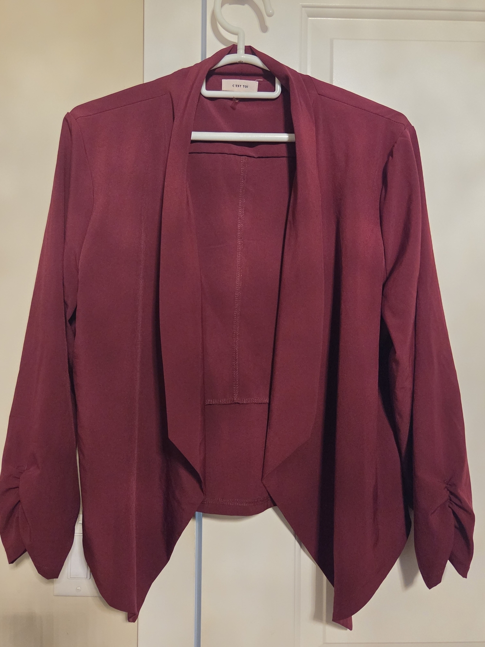 C'est Toi Open-Front Wine Red Draped Blazer